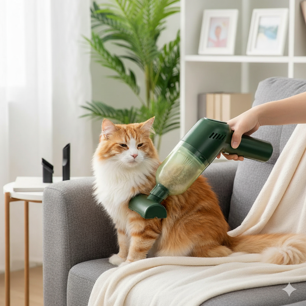 Person using a handheld vacuum on an orange and white cat sitting on a couch in a living room.